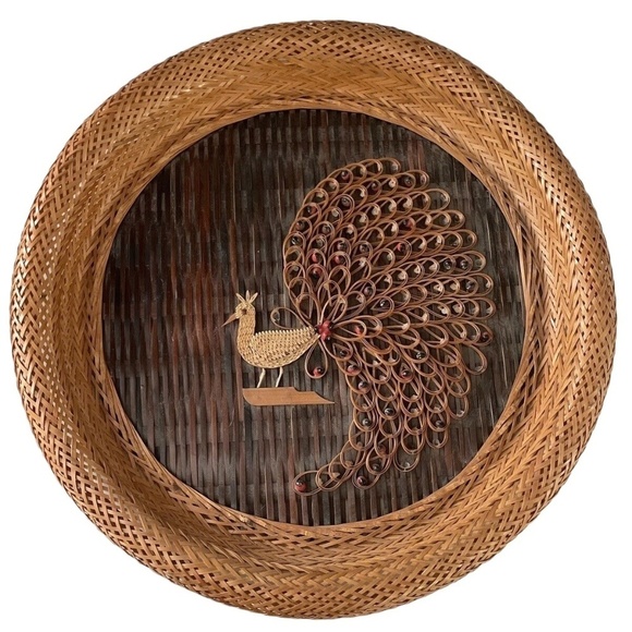 SET OF TWO Vintage 1970s Wicker Peacock Wall Hanging Boho Rattan Woven Art - Picture 3 of 13